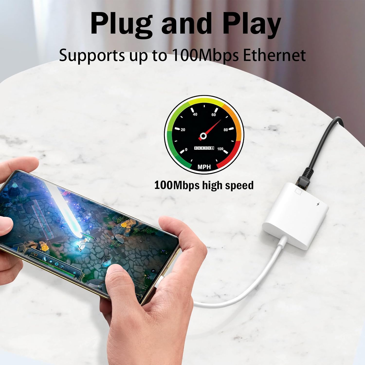 Detalle de HUAZHUN Lightning to Ethernet Adapter (Apple MFi certified) 2-in-1 RJ45 with charge port – 10/100Mbps