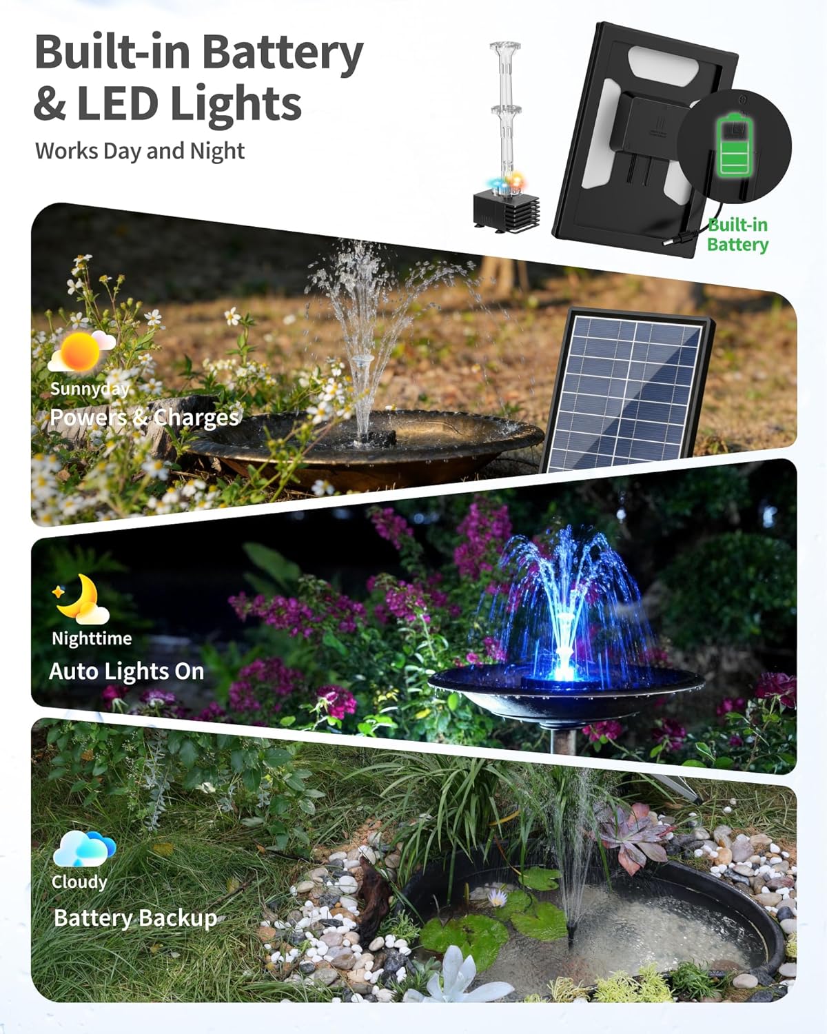 Thumbnail 1 de POPOSOAP 8W Solar Powered Water Fountain Pump with Battery Backup, LED Lights, 8 Nozzles & PVC Tubing