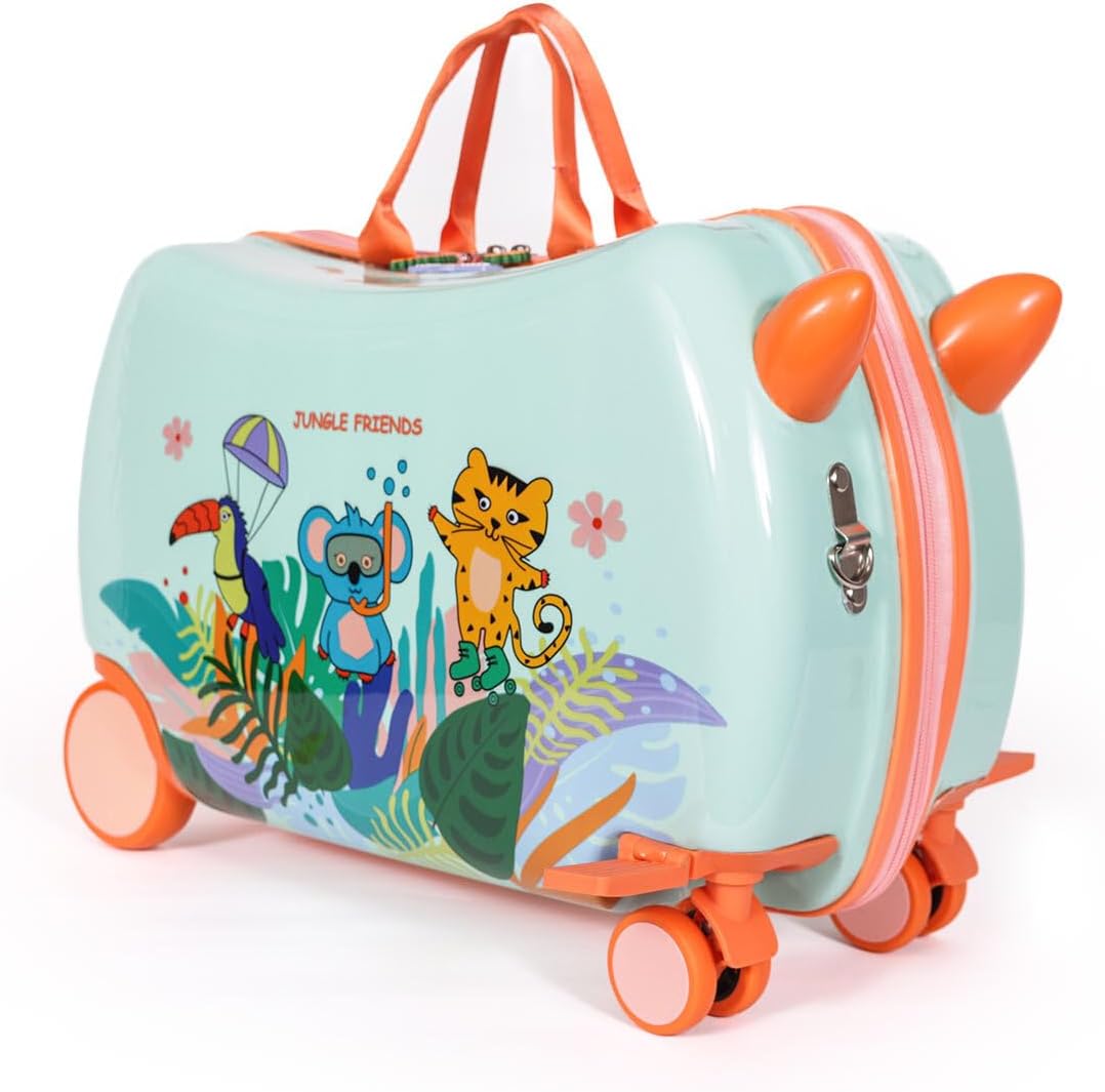 Detalle de Milk&Moo befahrbarer Kinderkoffer „Jungle Friends“ (21 L) – Rollkoffer zum Sitzen & Ziehen für 2–6 Jahre