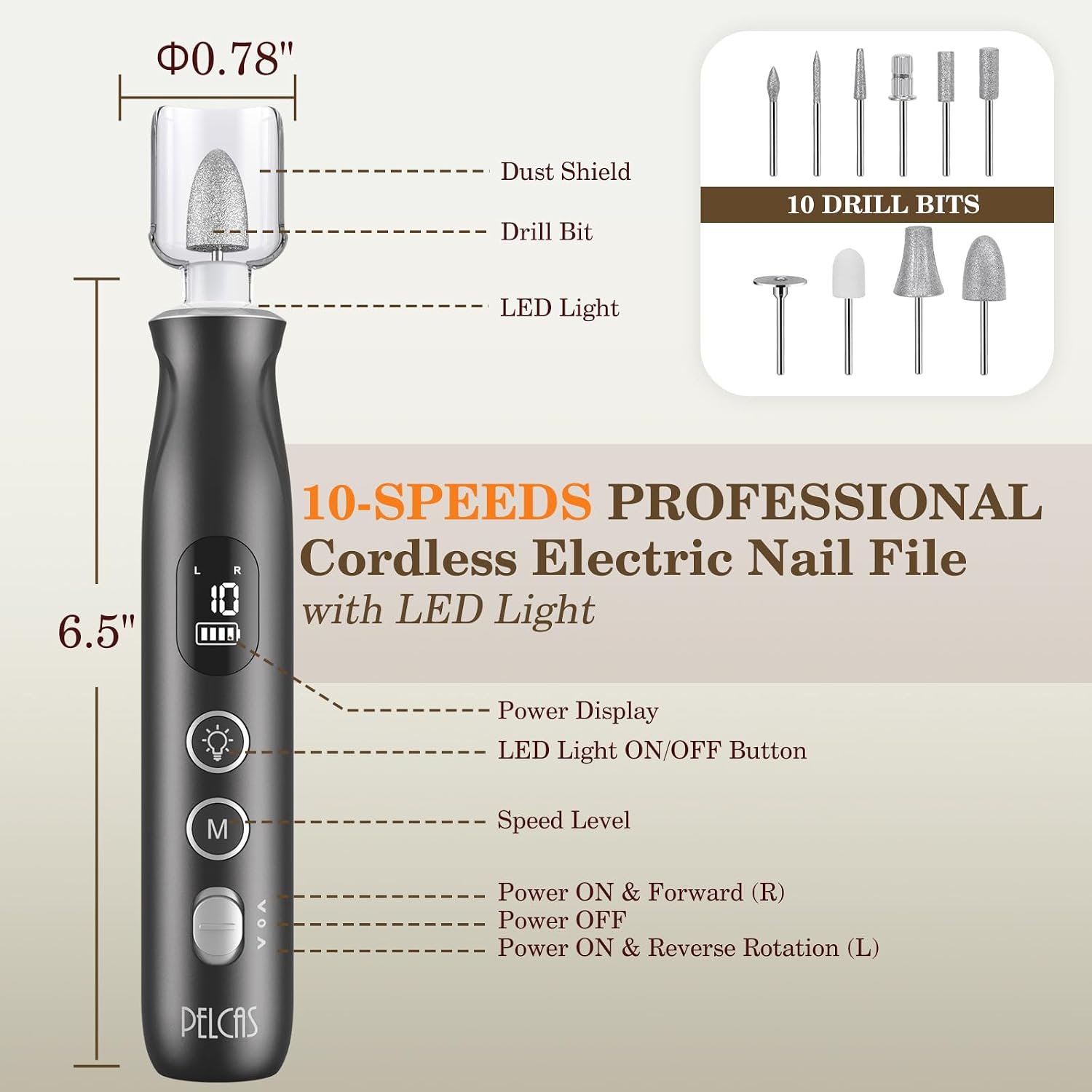 Detalle 1 de PELCAS Upgraded AOL05 Cordless Nail Drill, 10 Speeds, LCD and LED Light