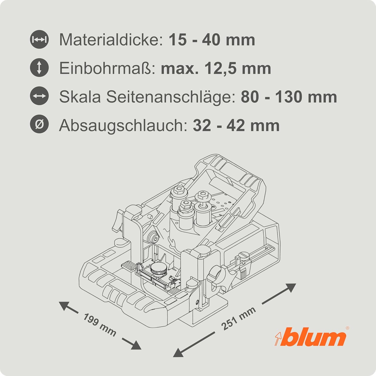 Detalle de BLUM ECODRILL Bohrlehre – Präzise Bohrhilfe für Topfbeschläge (ø 35 mm)