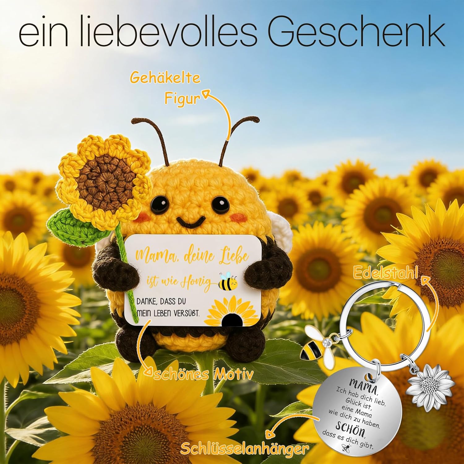 Thumbnail 1 de Farbeele Geschenkset: Positive Sonnenblumen-Biene als Schlüsselanhänger und handgefertigte Bienenfigur