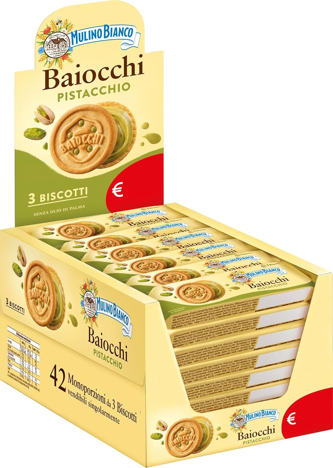 Detalle de Mulino Bianco Baiocchi al Pistacchio: biscotti con crema di pistacchio in pastafrolla, monoporzioni da 28 g
