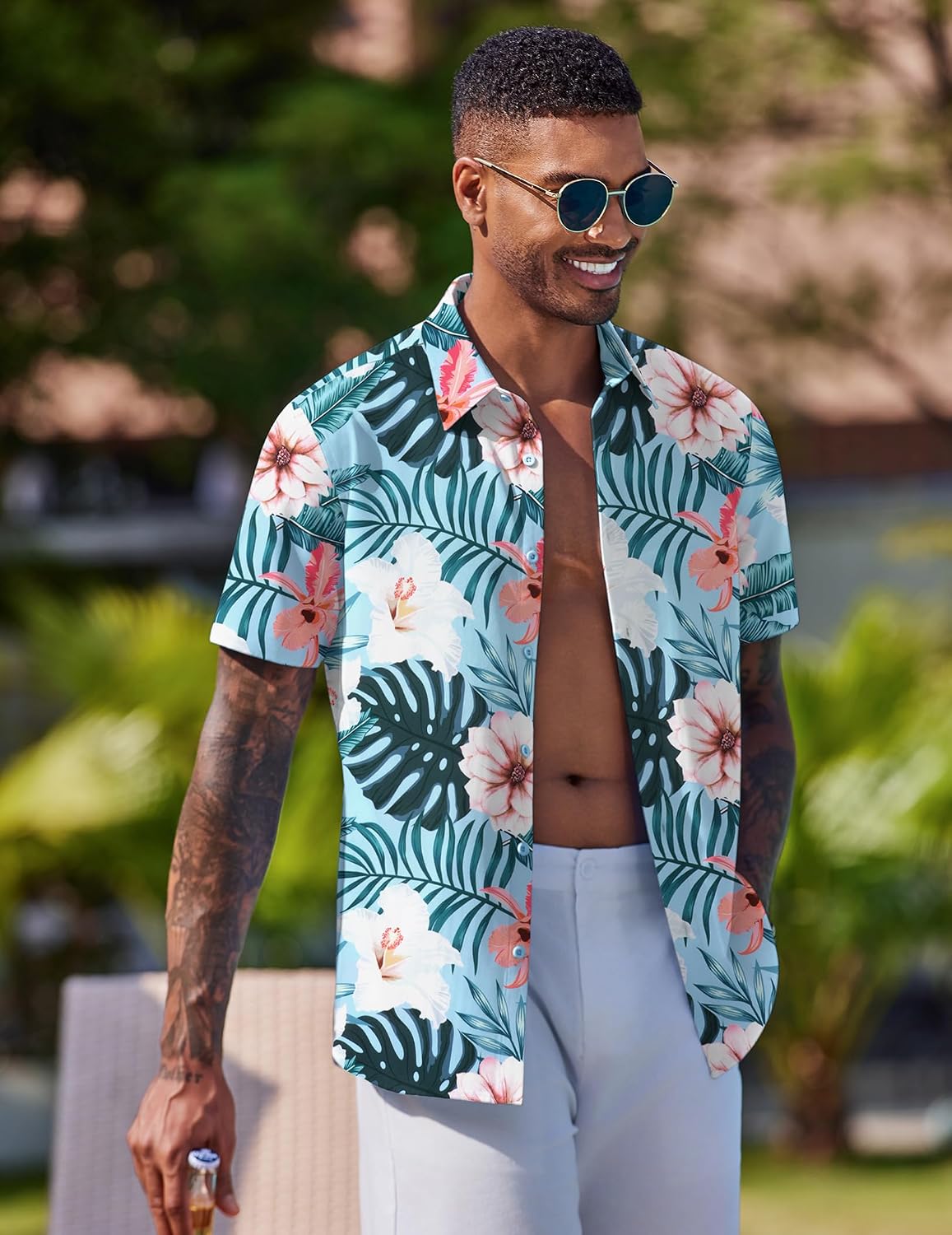 Detalle de COOFANDY Hawaii Hemd Männer – Sommerhemd Kurzarm mit Hawaii-Print und Strandlook