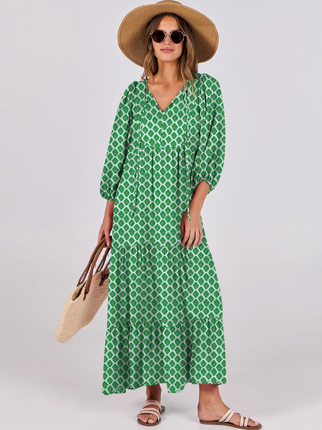 Thumbnail 6 de ANRABESS Womens Boho Maxi Dress 2026 Summer V Neck Puff Sleeve Floral Flowy Swing Long Dress