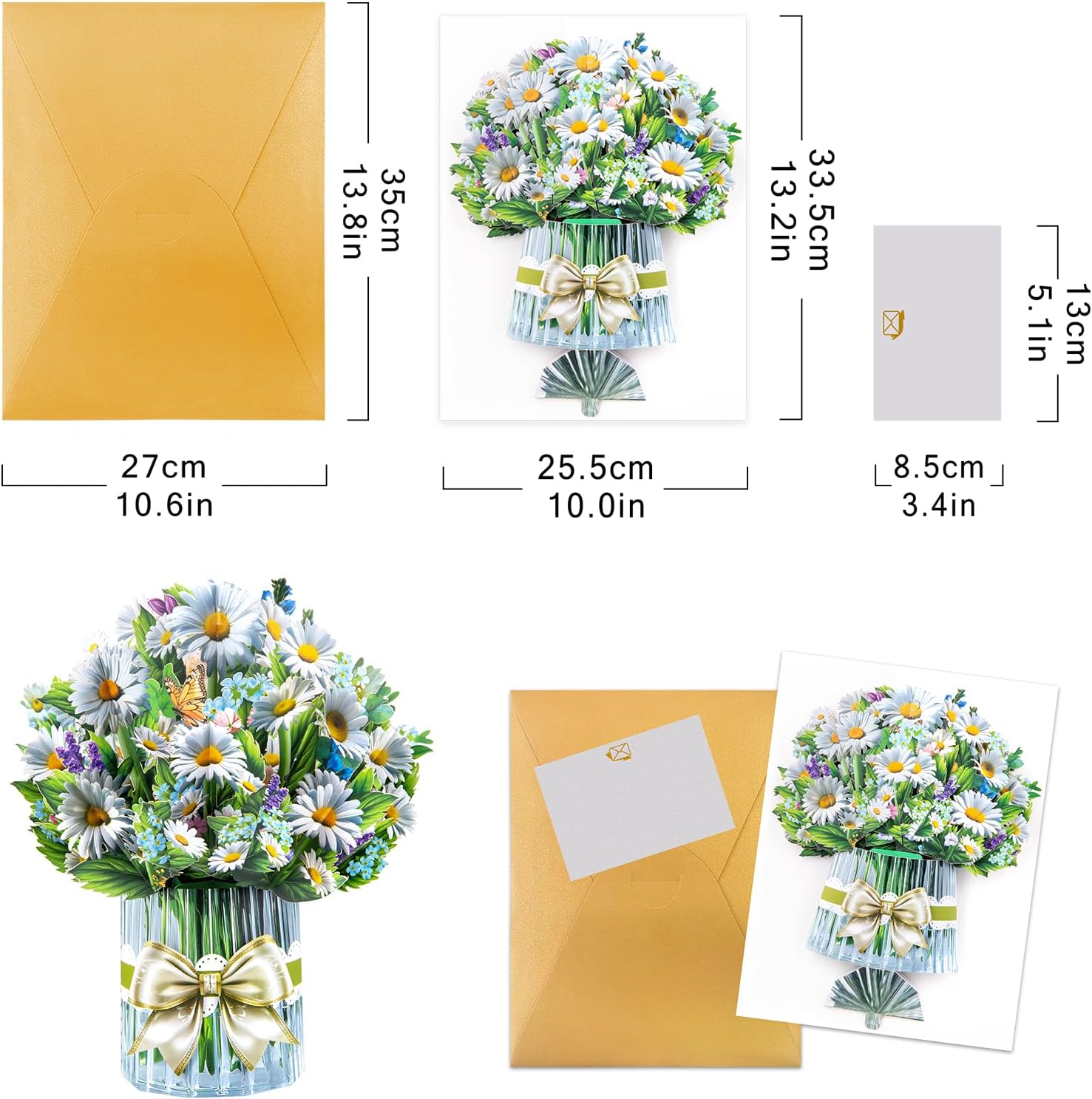Detalle 2 de Gänseblümchen Big Pop Up Karte – 33 cm Blumenstrauß mit leerer Notizkarte und Umschlägen