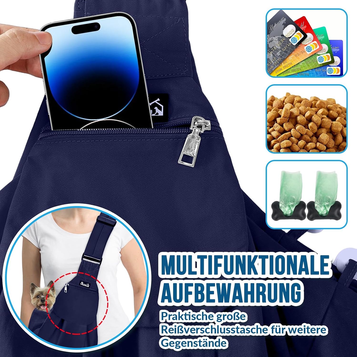 Detalle de SlowTon Hundetragetasche Sling Carrier – dunkelblau, gepolsteter und verstellbarer Schultergurt (L, für 4,5–7,2 kg)