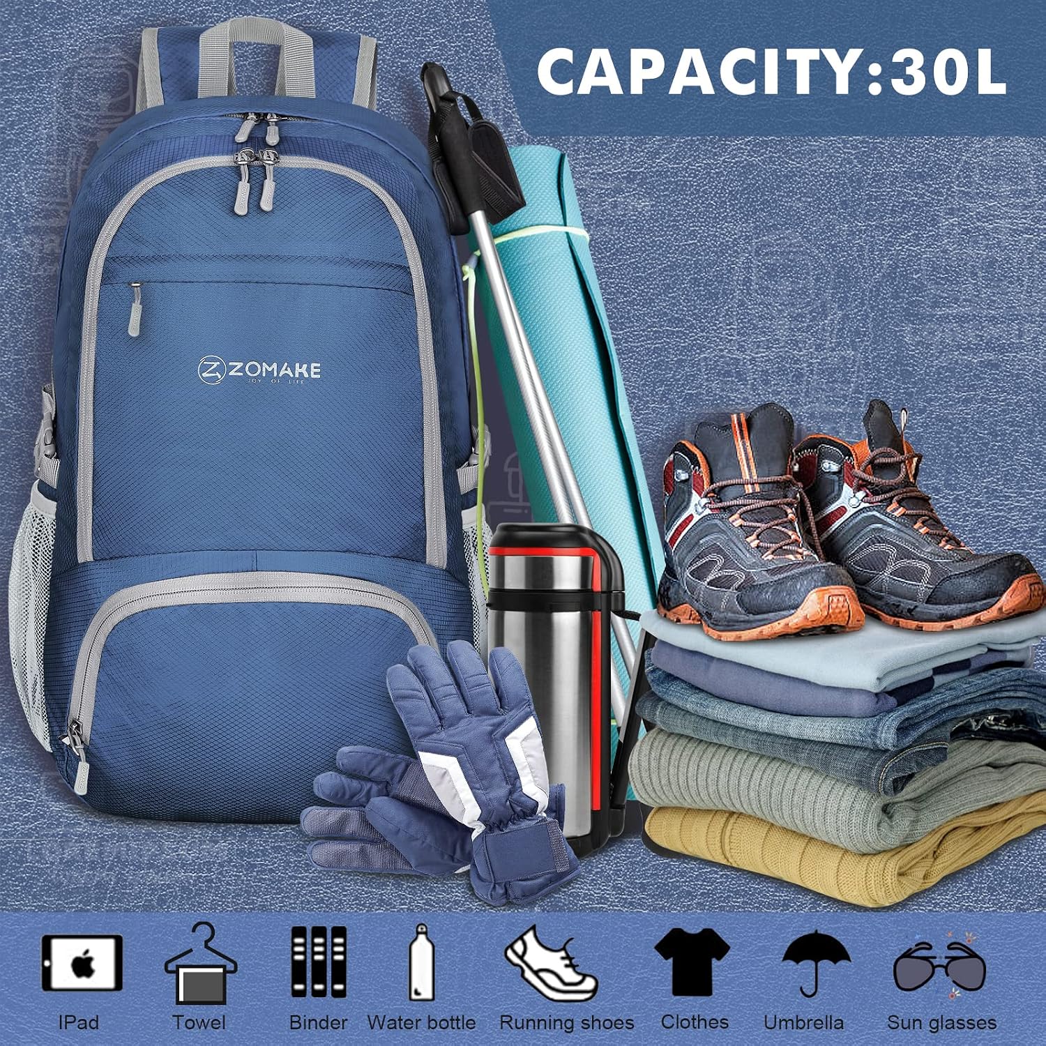 Detalle de ZOMAKE sac à dos pliable ultra léger 30L (49 × 34 × 18 cm) – petit daypack de randonnée