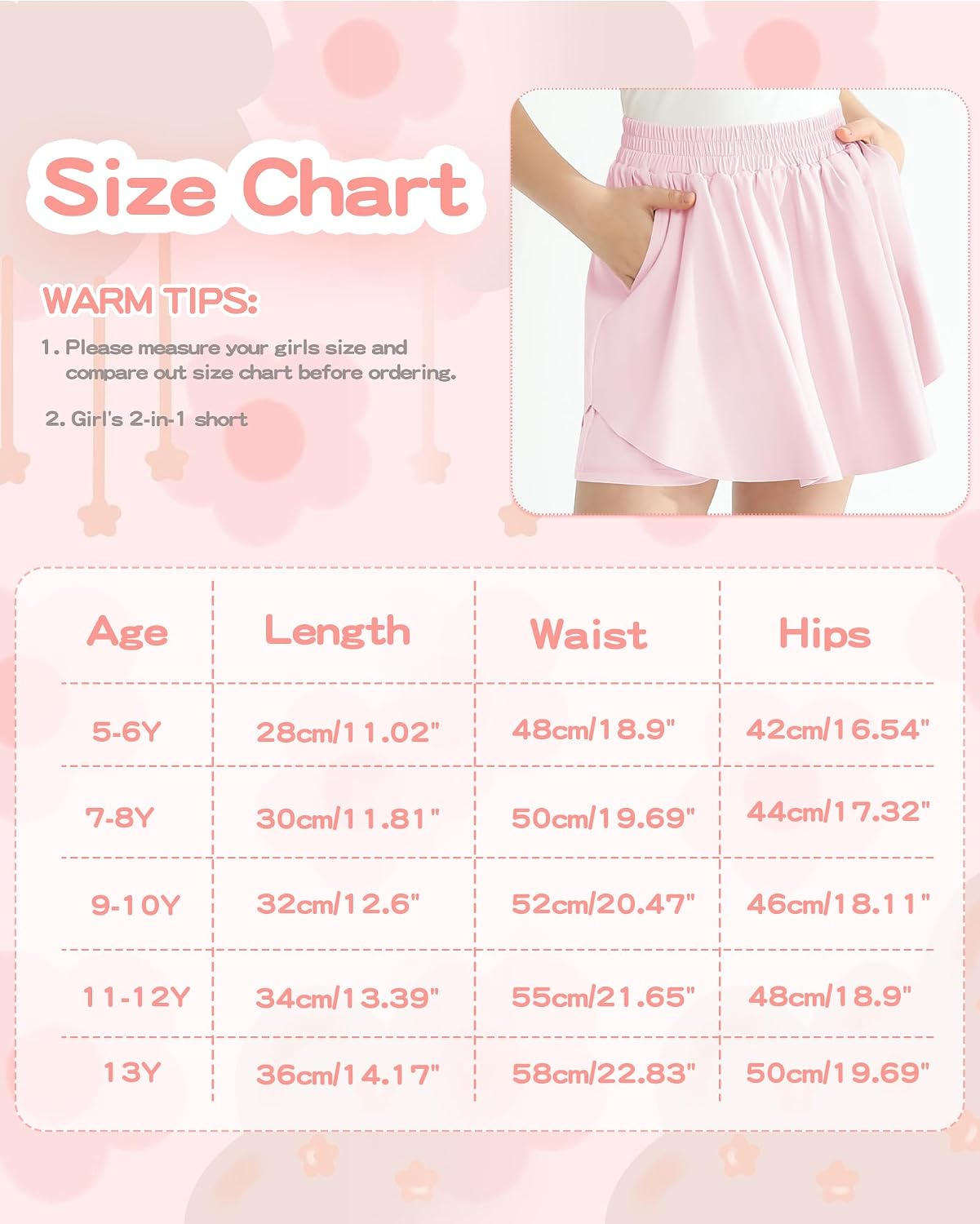 Thumbnail 6 de Hovershoes Girls Flowy Shorts 2-in-1 Athletic PE Skorts (5-13 Years) – High-Wailed, Pockets, 87% Nylon / 13% Spandex