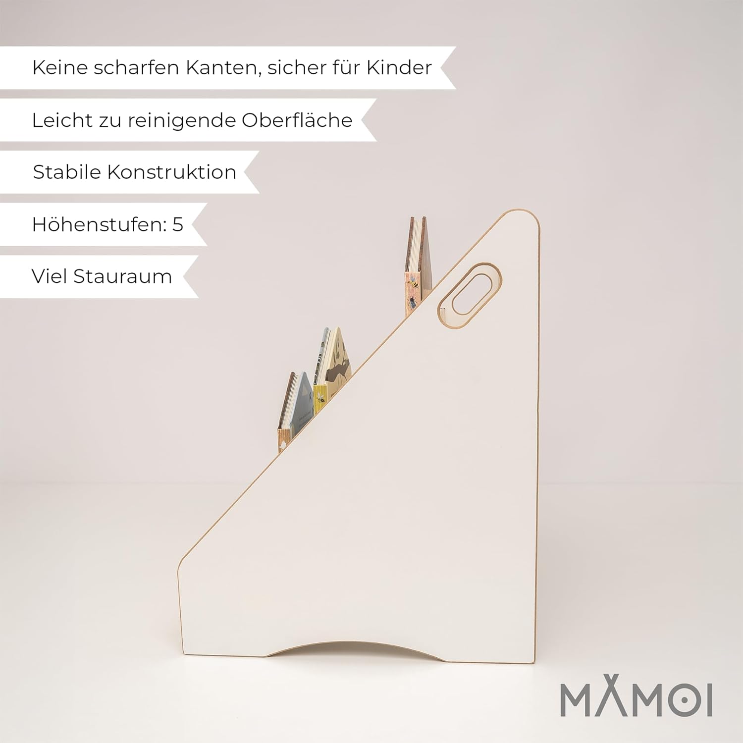 Detalle de MAMOI Bücherregal für Kinder – praktischer Aufbewahrungszauber im Montessori-Design