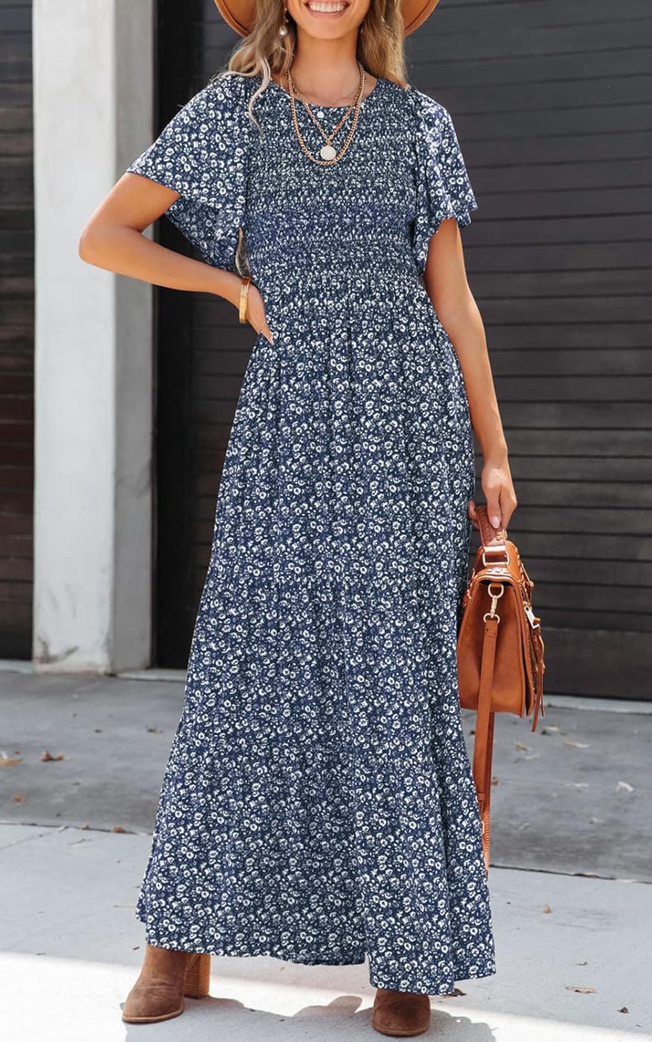 Detalle de PRETTYGARDEN Women's 2026 Summer Flutter Short Sleeve Boho Floral Maxi Dress