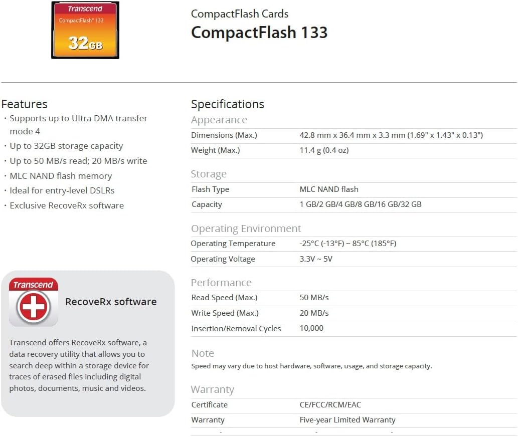 Thumbnail 4 de Transcend 133X - CompactFlash 1 GB para tus recuerdos 📸