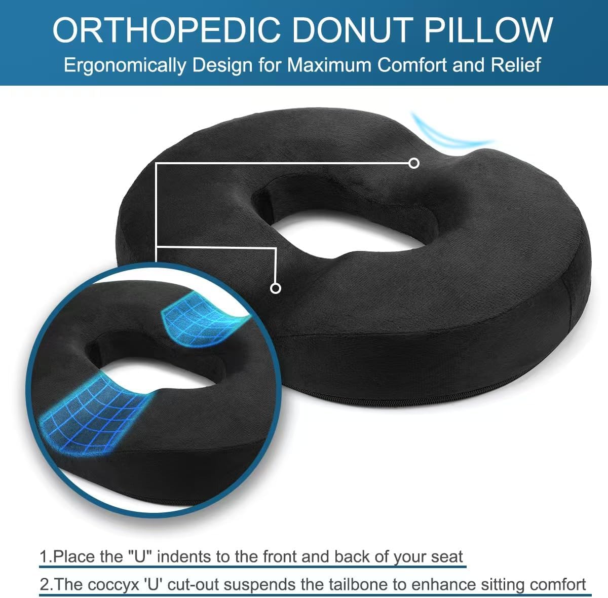 Thumbnail 3 de Emoobin Donut Sitzkissen (45 cm) mit Memory-Schaum – Ringkissen für Bürostuhl & Zuhause, Schwarz