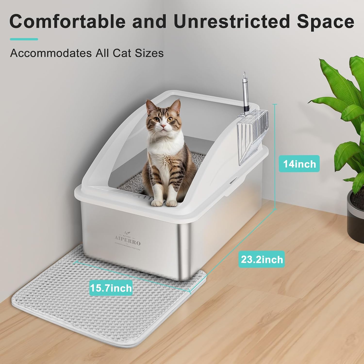 Detalle de AIPERRO 8 inch Deepen Litter box Stainless Steel Cat Litter Box, XXL with Lid