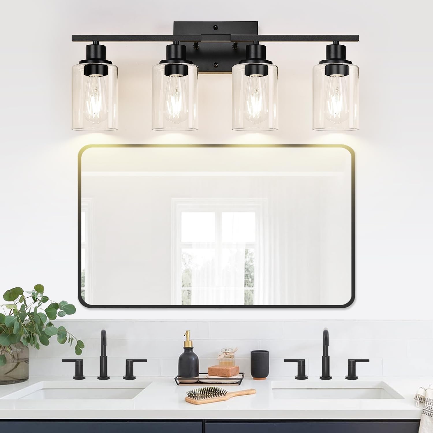 Detalle de Indoi 4-Light Matte Black Bathroom Light Fixtures with Clear Glass Shades