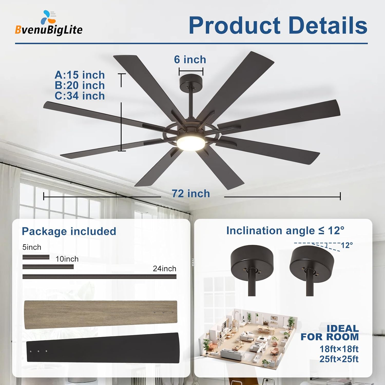 Thumbnail 2 de BvenuBigLite 72-Inch Outdoor Ceiling Fan with Lights (8-Blade, DC Motor, App & Remote)