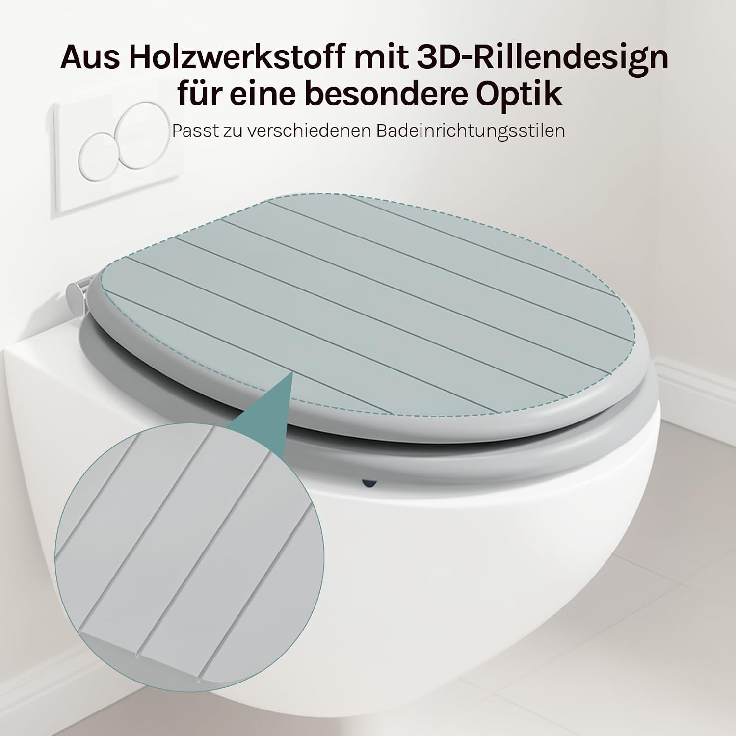Detalle de WOLTU Toilettendeckel mit Absenkautomatik – O-Form aus MDF, 175 kg belastbar, Grau