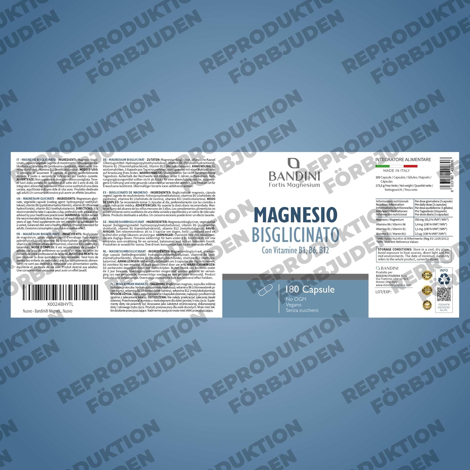 Detalle 1 de BANDINI magnesiumglycinat, 180 kapslar med B1, B6 och B12, vegansk