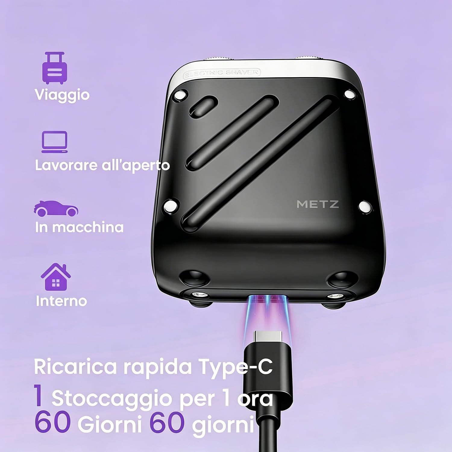 Detalle 2 de Skyworth Metz Traveller Rasoio Elettrico Uomo: rasatura profonda in viaggio con testina magnetica e autonomia sorprendente