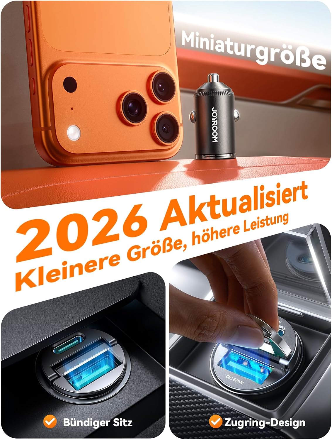 Detalle de JOYROOM 2 Stück 125W Zigarettenanzünder USB C – Ultraschnelles KFZ-Ladegerät mit Zugring
