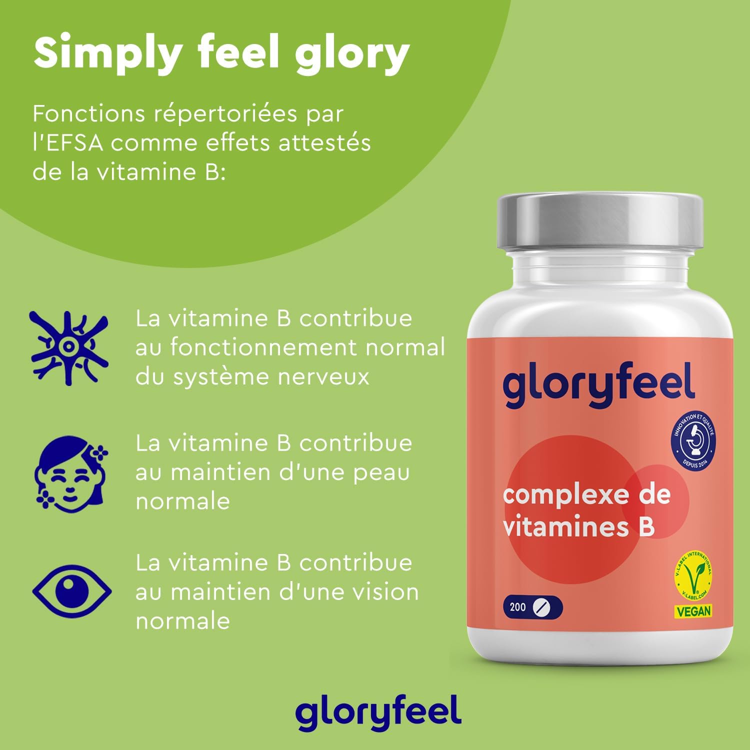 Detalle de Vitamine B Complex Gloryfeel – 200 comprimés végan, 8 vitamines B + 7 mois d’utilisation