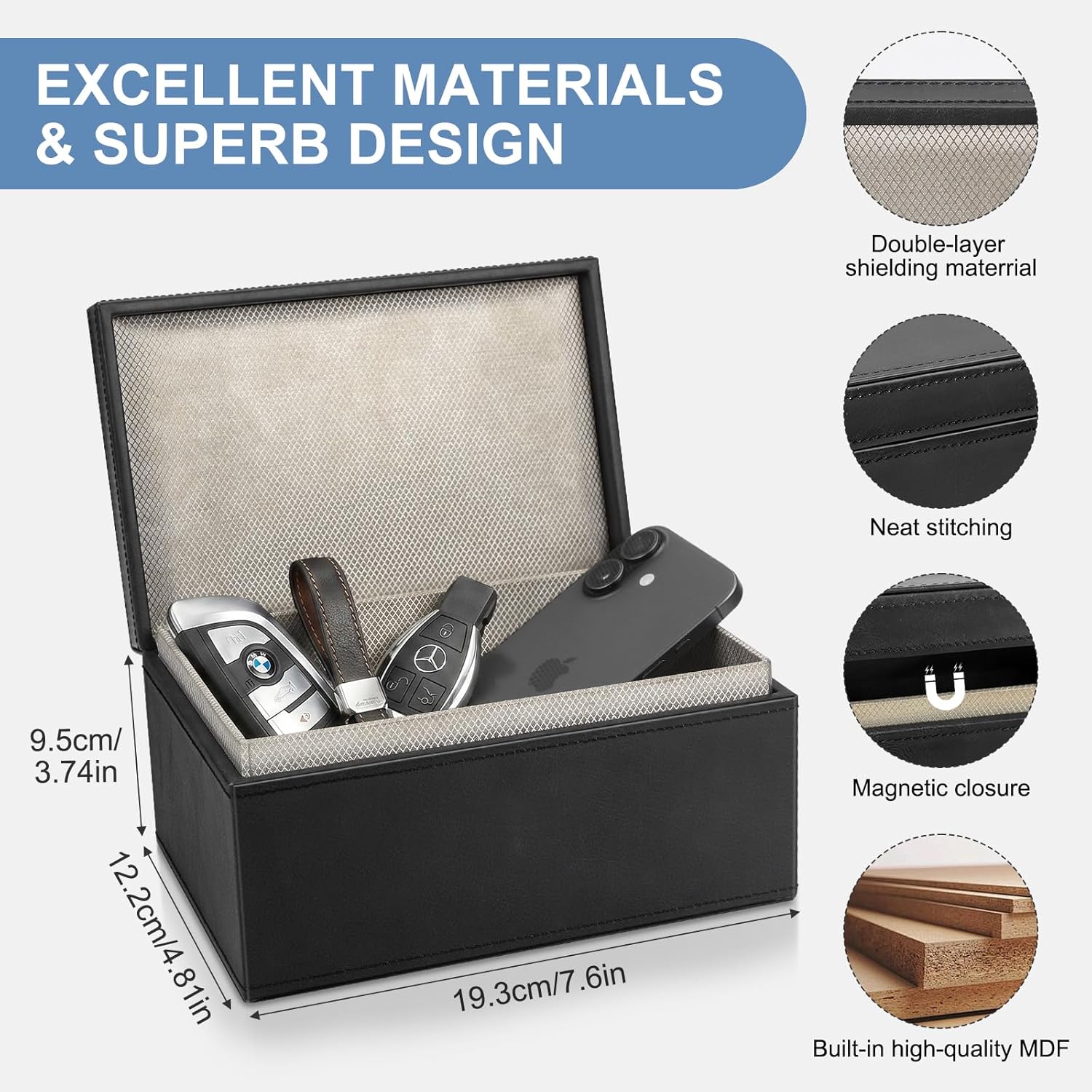 Detalle de Faraday Box for Car Keys – Extra Large (19.3 x 12.2 x 9.5 cm) with 2 Pouches