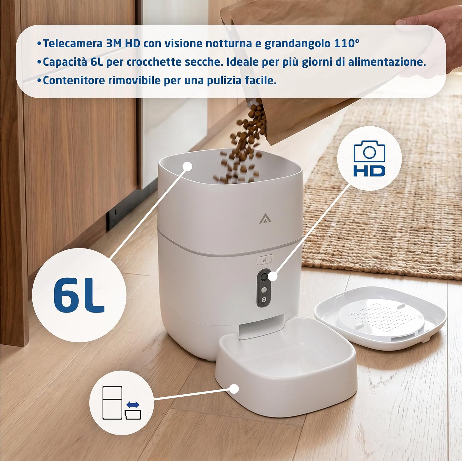 Detalle de TAISSU PF-BL6 Distributore Automatico da 6 Litri con Telecamera 3MP, Wi‑Fi e App – Programmazione pasti, audio bidirezionale e visione notturna