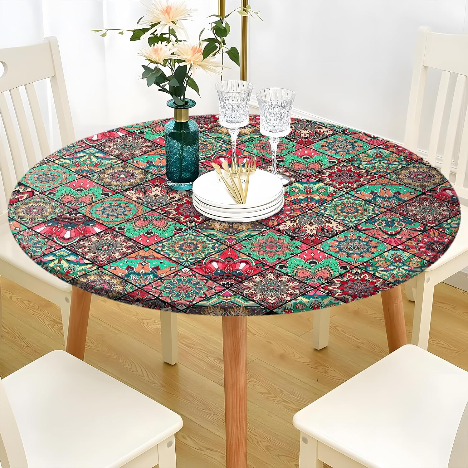 Detalle 2 de BOOWEATS Round Fitted Tablecloth, 42-Inch