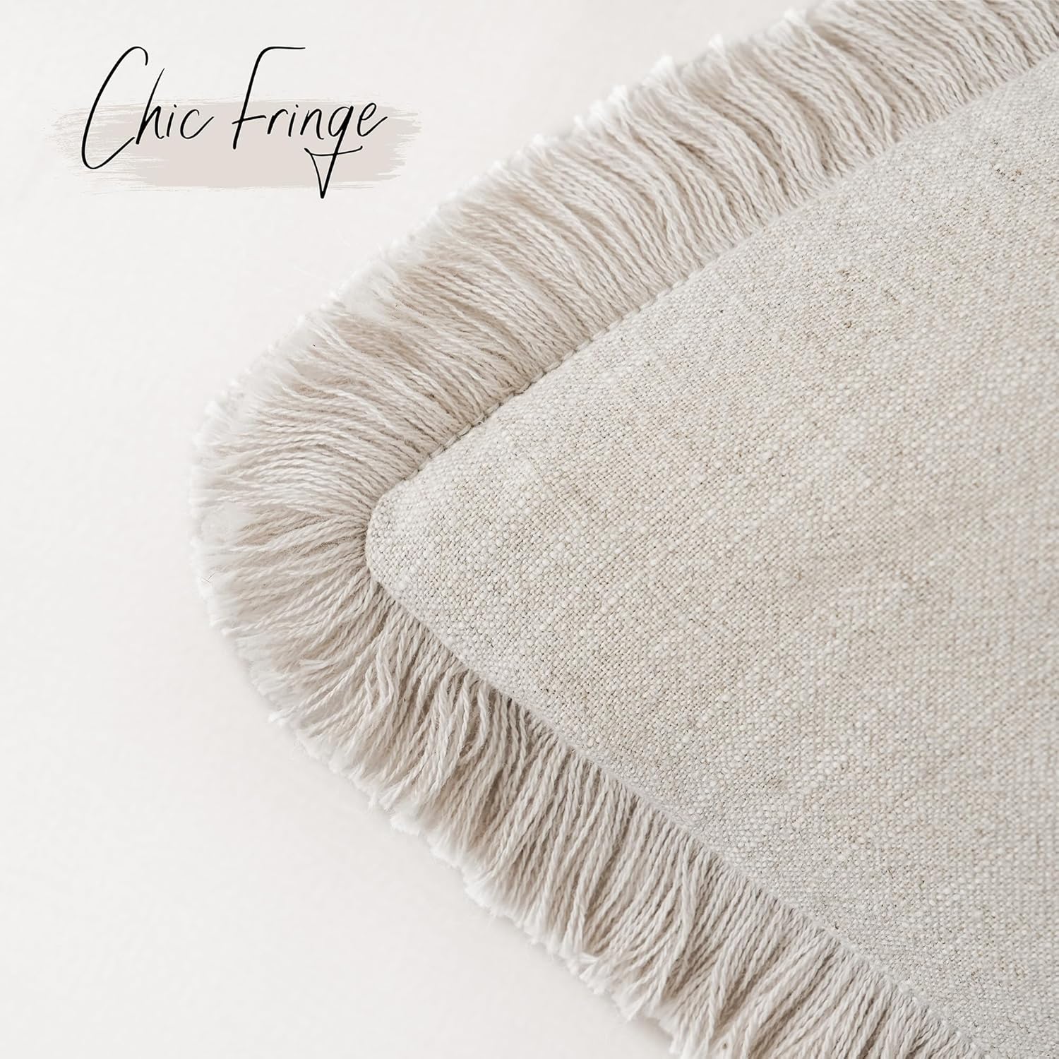 Detalle de Foindtower 2-Pack Decorative Linen Fringe Throw Pillow Covers (26x26) – Natural Beige