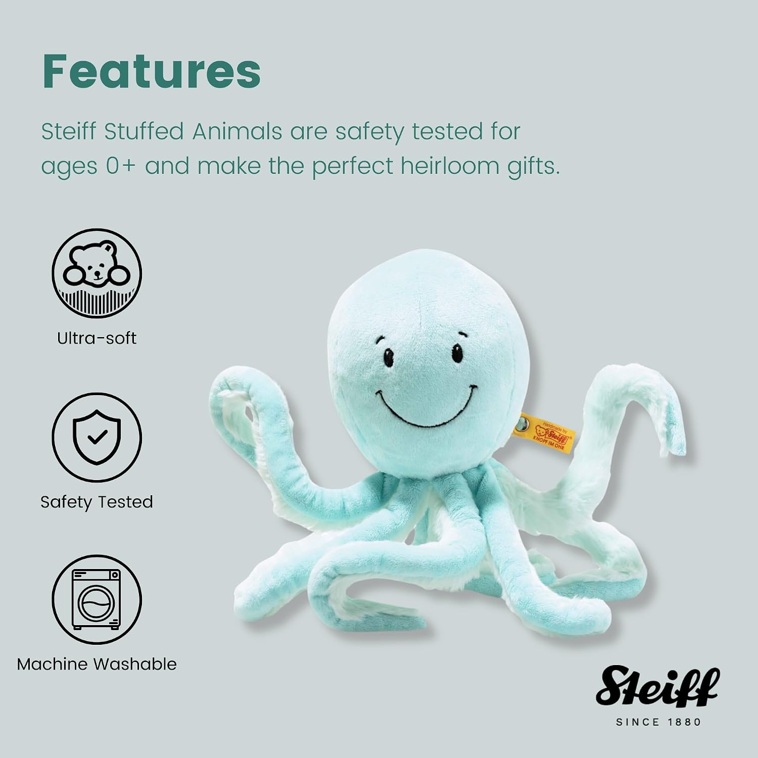 Detalle 2 de Steiff Soft Cuddly Friends Ockto Octopus 063770, 27 cm Turquoise Plush Toy