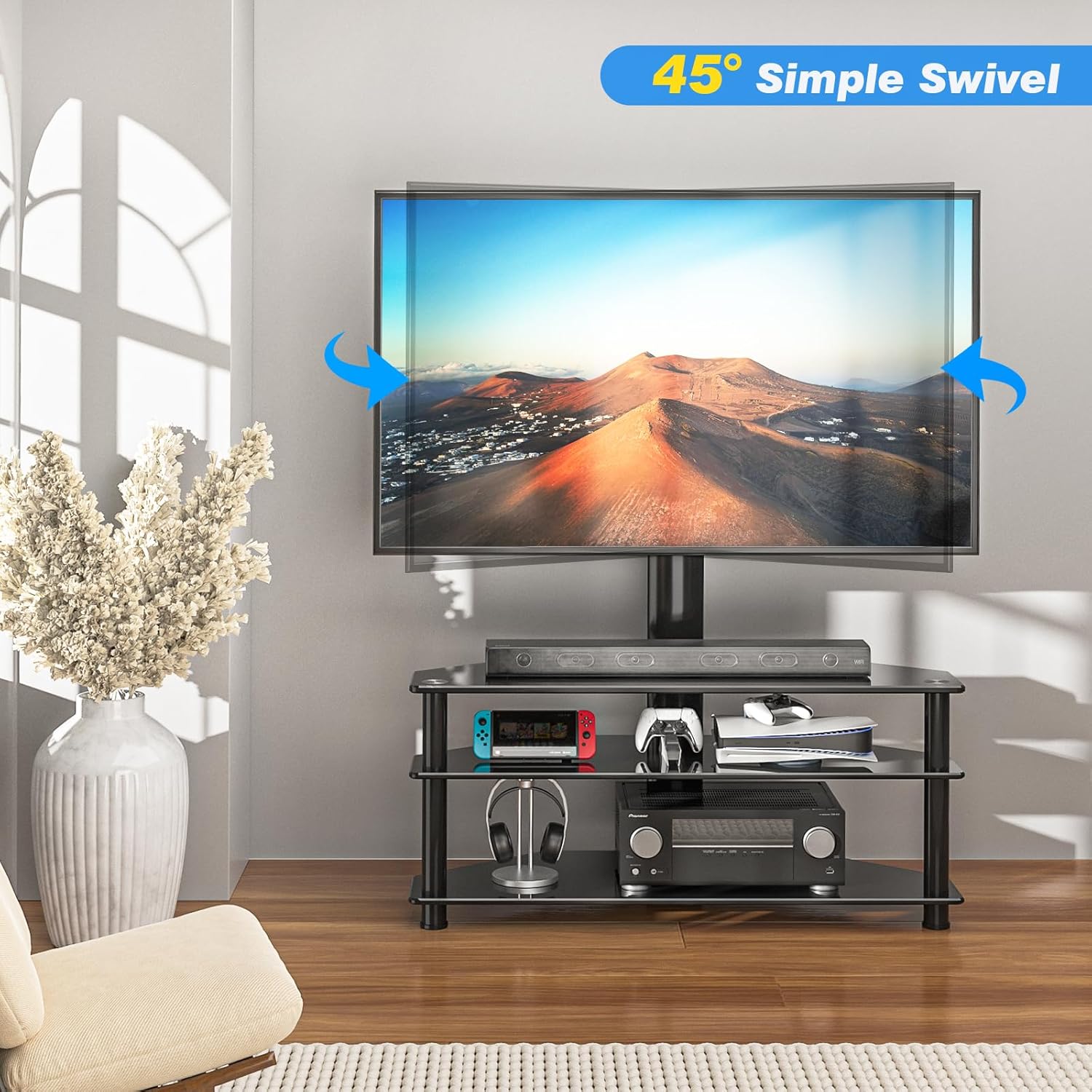 Thumbnail 1 de RFIVER Corner TV Stand (VESA 100x100–600x400mm) with Swivel & Height Adjustment, Tempered Glass Shelves up to 40kg