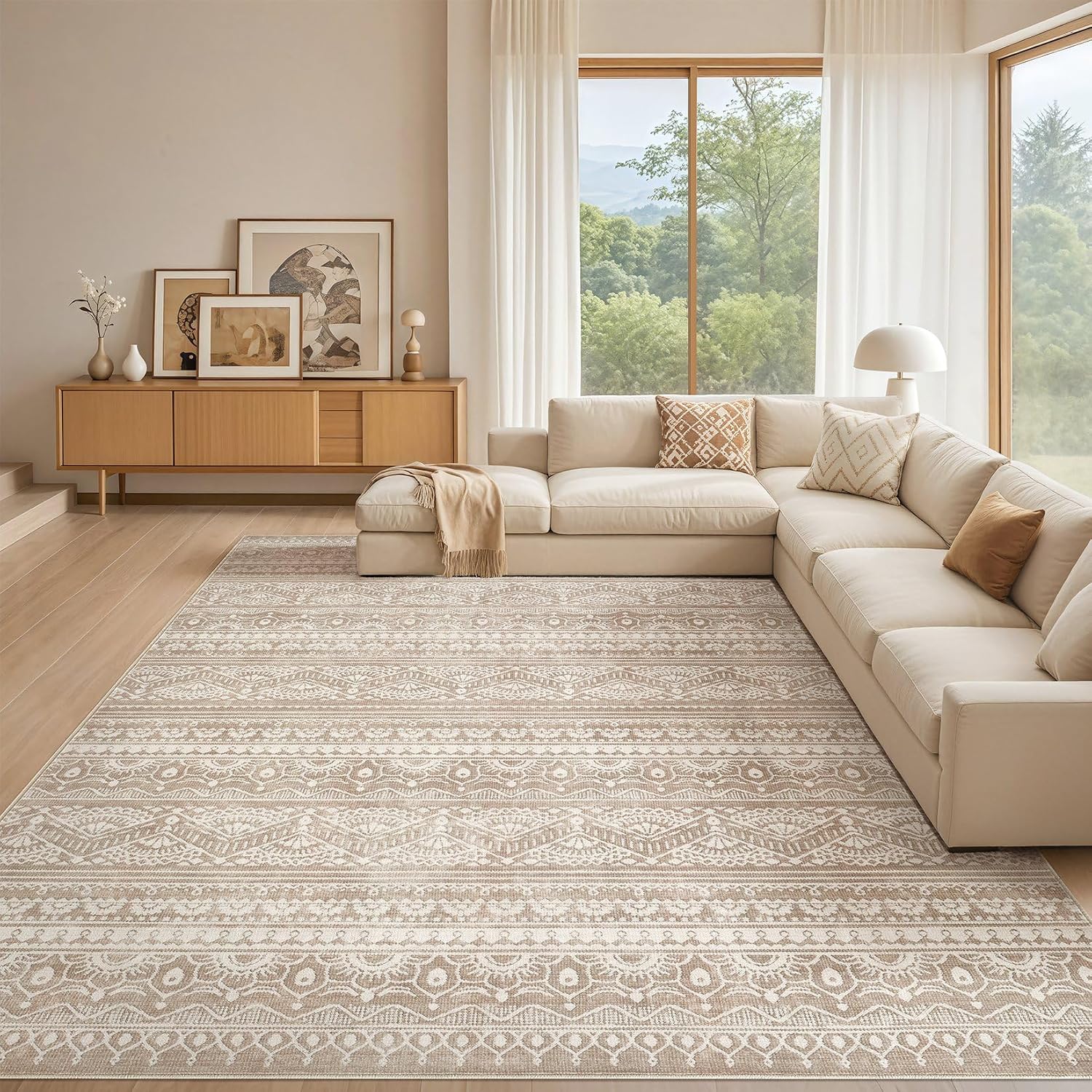 Detalle de Tortania 10x12 Washable Area Rug: Soft, Non-Slip Boho-Style Rug for Living Room & More