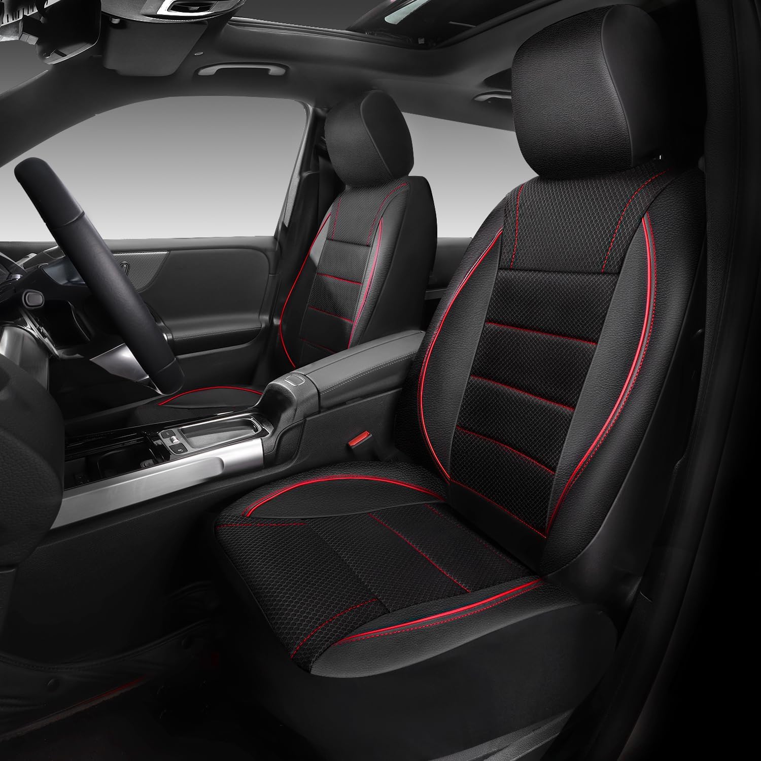 Thumbnail 1 de CAR PASS Mesh Leather Car Seat Covers Full Set (Airbag Compatible) — Black and Red