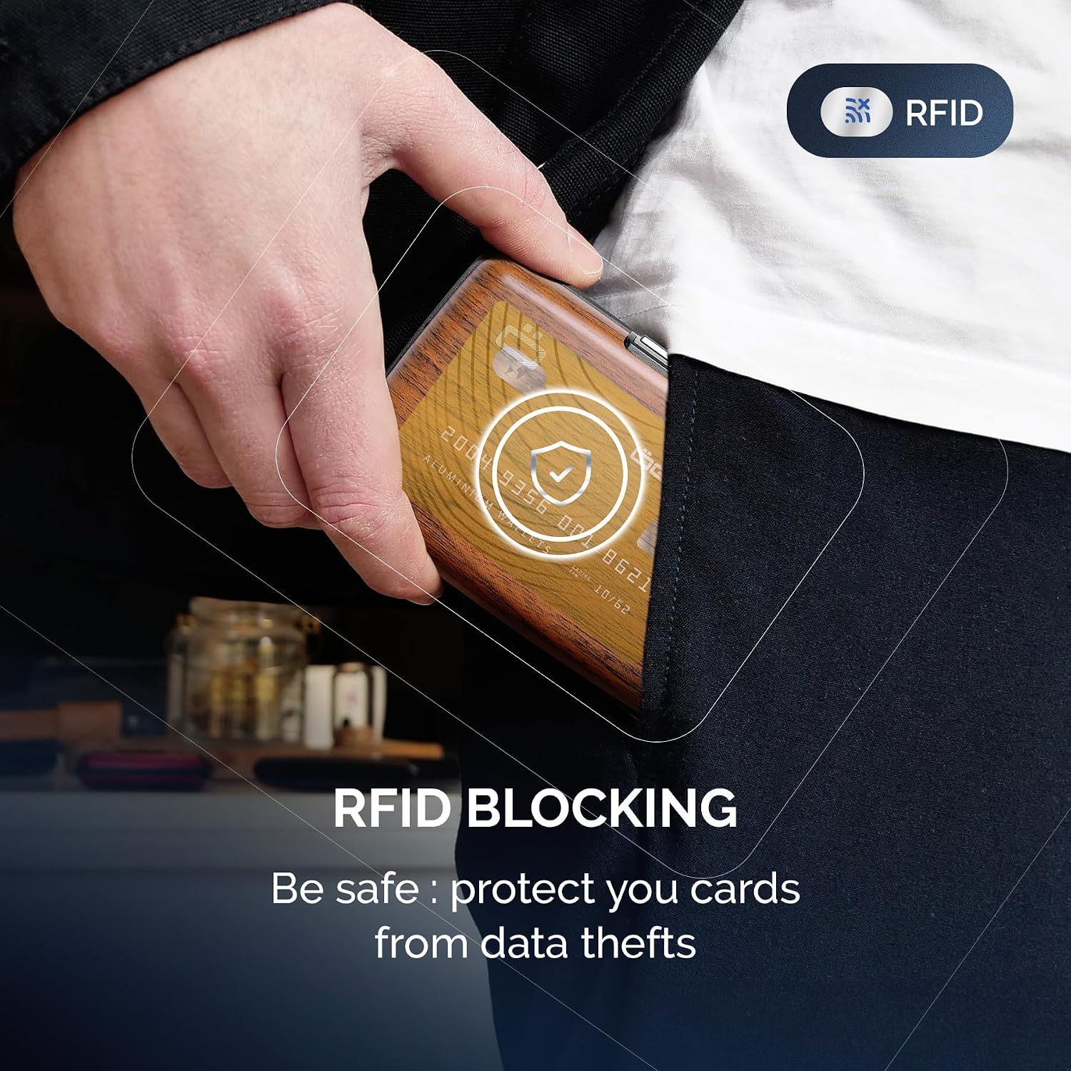 Thumbnail 4 de ÖGON -DESIGNS- Porte-Cartes en Aluminium, Stockholm Sequoia Wood Effect with Extra-Secure Lock