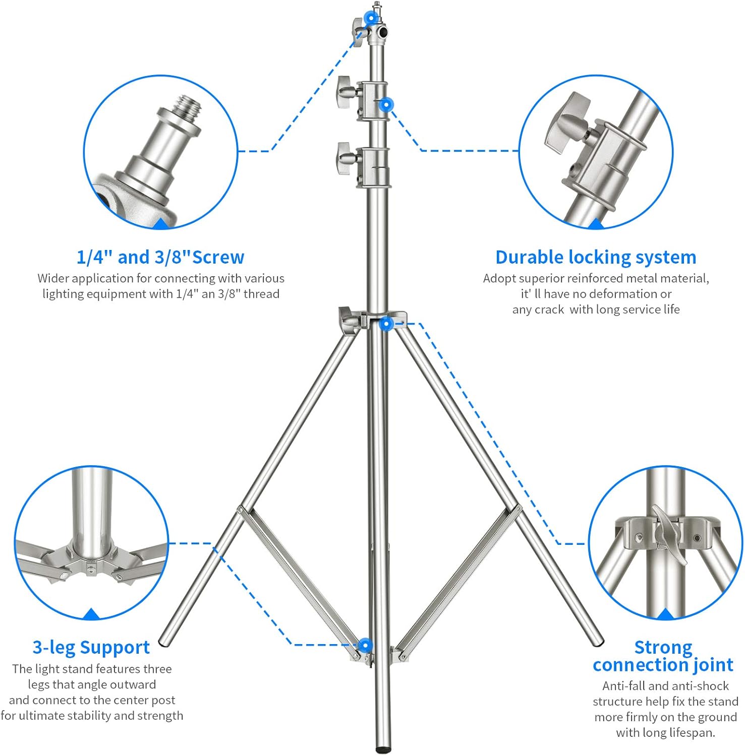 Thumbnail 2 de NEEWER 118\"/3m Stainless Steel Light Stand with Spring Cushion + 1/4\" to 3/8\" Universal Adapter