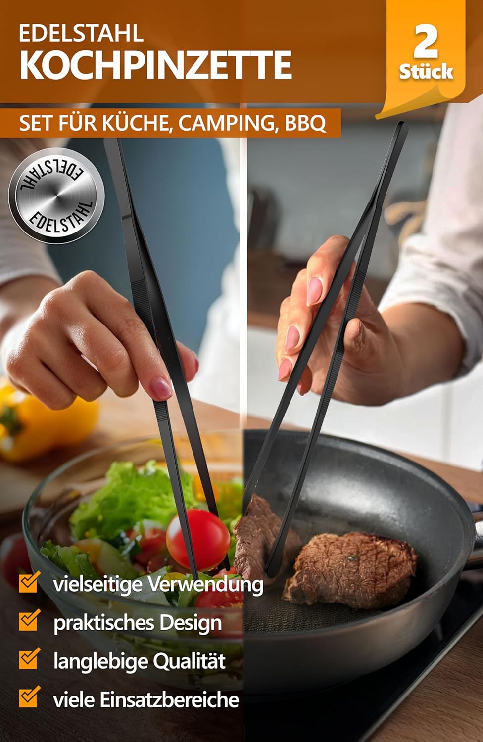 Thumbnail 1 de 4smile Kochpinzette, 2er-Set in Schwarz – Edelstahl-Kochpinzette, 30 cm, Rund & Spitz, zugleich Grillpinzette und Dekorationspinzette