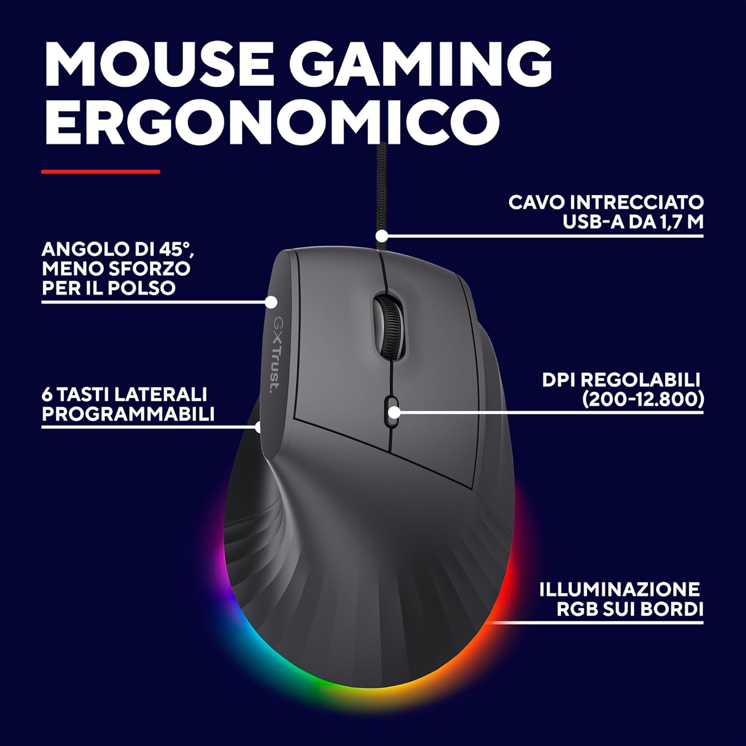 Thumbnail 1 de GXTrust Rexxa Mouse verticale ergonomico 45° con RGB e DPI regolabili fino a 12.800