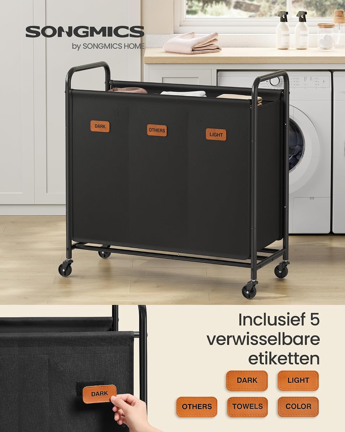 Detalle 2 de SONGMICS STEVIE RLS330B01 waswagen met 3 vakken, 170 liter en wielen