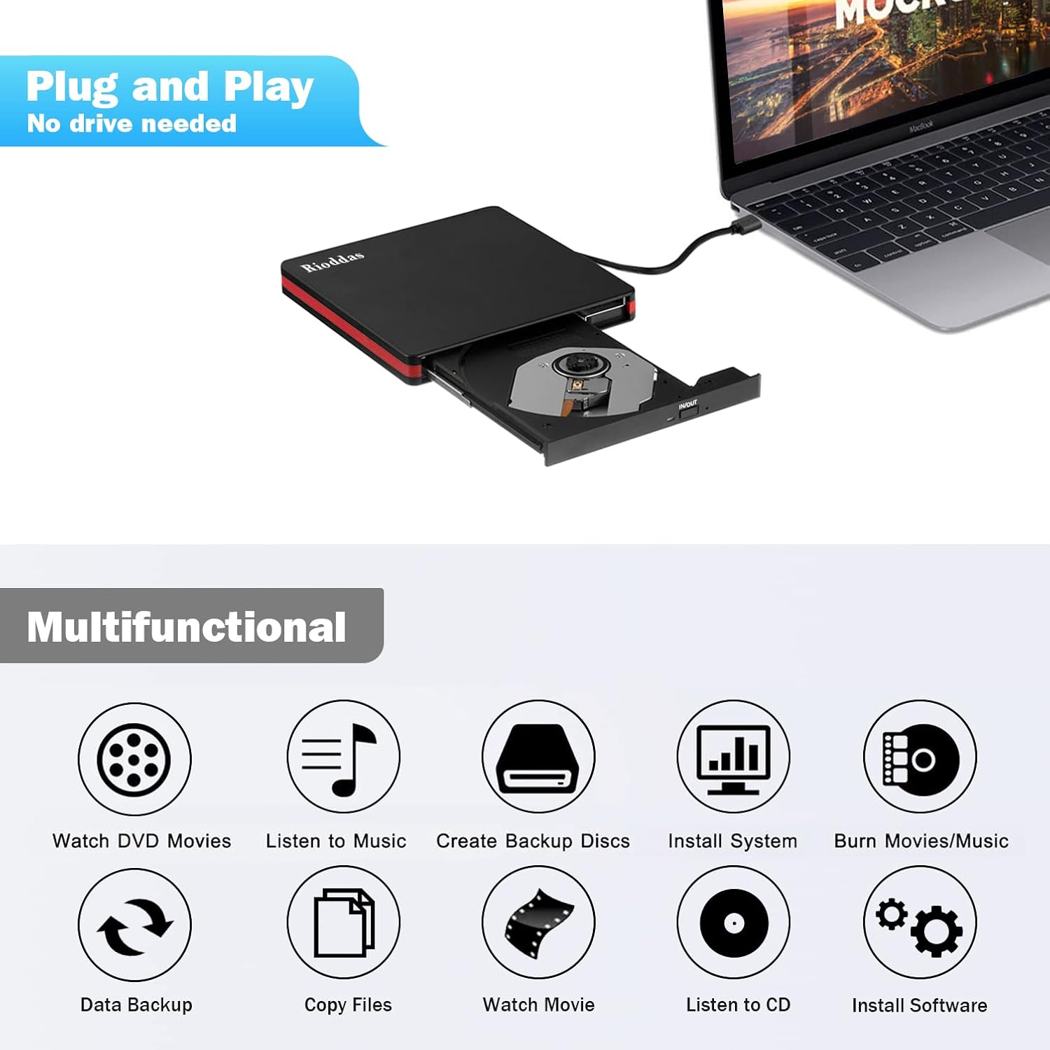 Detalle 2 de Rioddas External CD Drive USB 3.0 5Gbps 📀