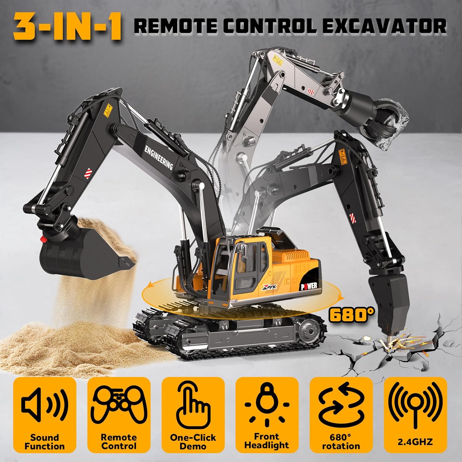 Detalle 2 de CozyBomB Construction Digger RC excavator with 3 heads