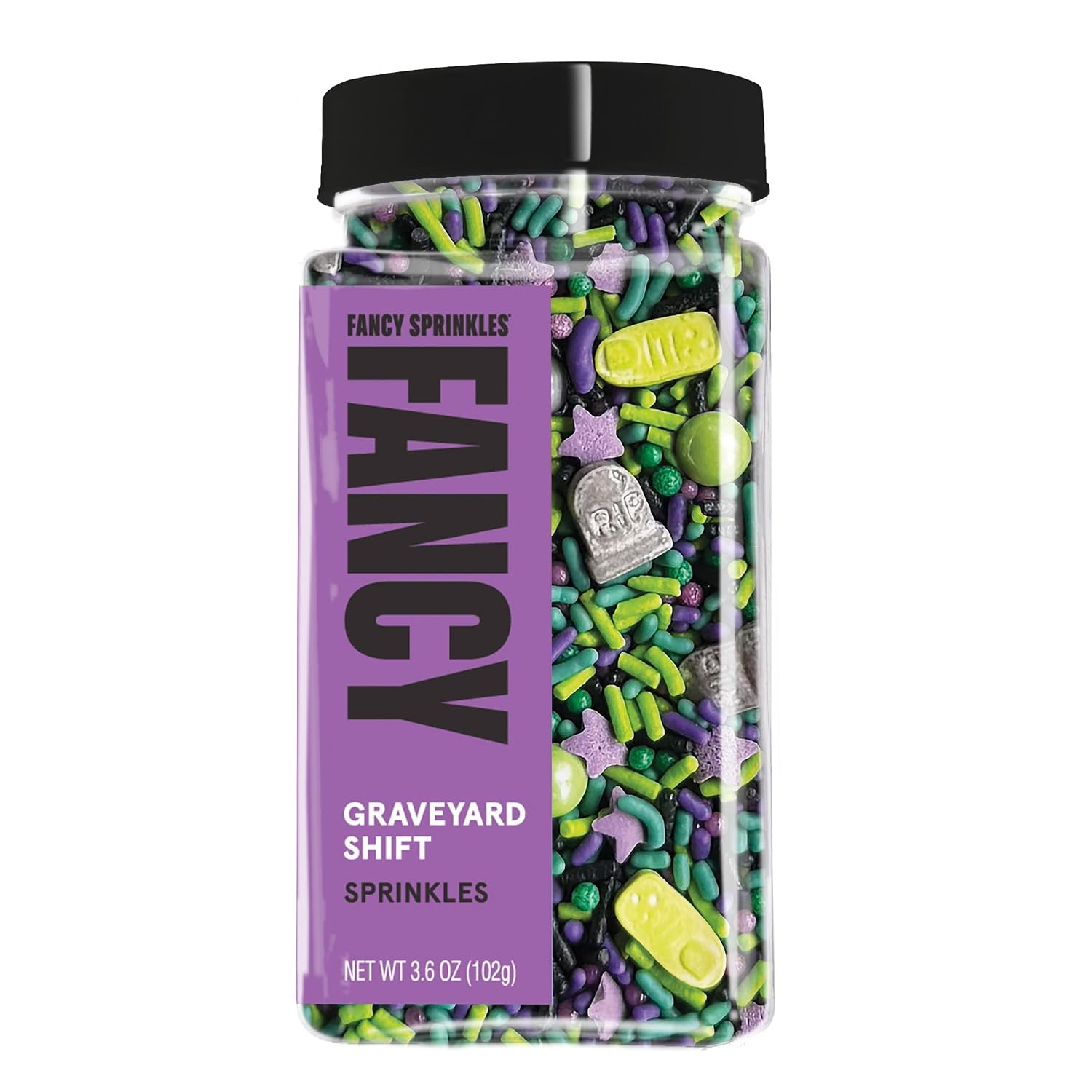 Detalle de Fancy Sprinkles Graveyard Shift Halloween Sprinkles, Crunchy Green, Purple and Black Mix