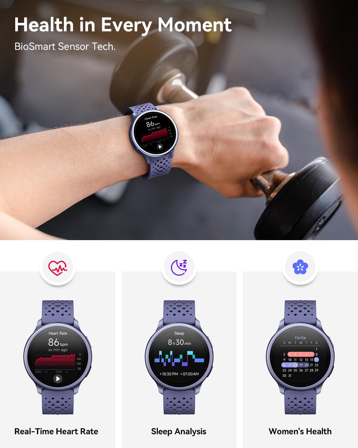 Thumbnail 3 de Quican Smart Watch for Women & Men – 1.27" AMOLED, AI Voice, 120+ Sports, 3ATM, Purple