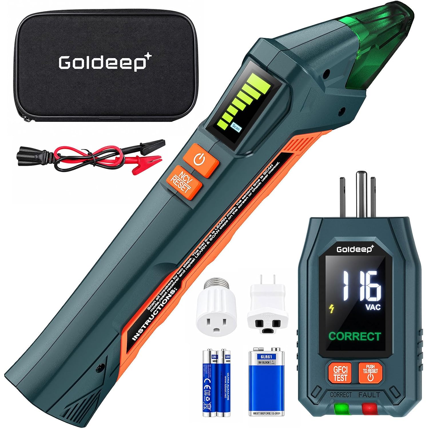 Detalle de Goldeep Circuit Breaker Finder and GFCI Tester, LCD, NCV, 90-135V