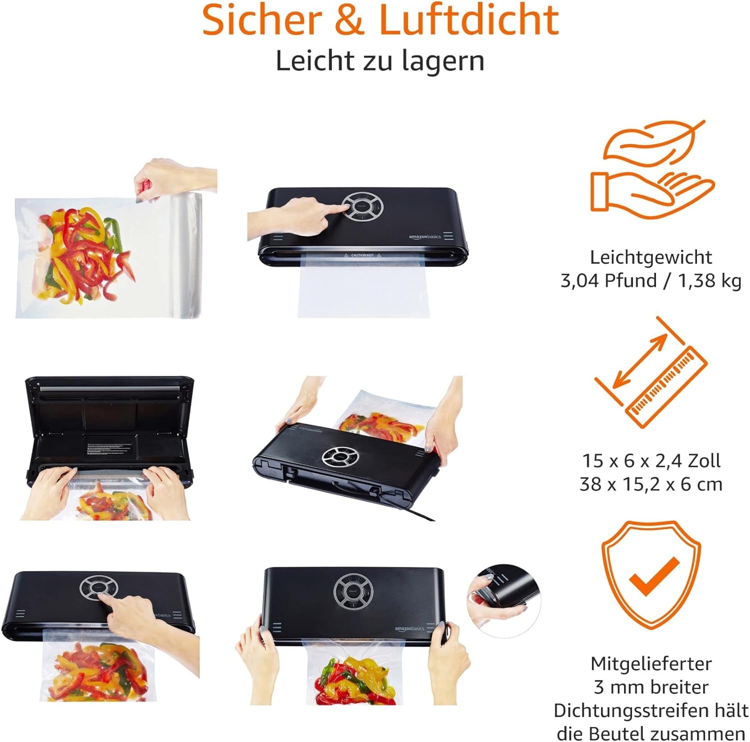 Detalle 2 de Amazon Basics Vakuumierer 30 cm Naht + 10 Vakuumierbeutel – zuverlässig fürs Sous-Vide und Aufbewahrung
