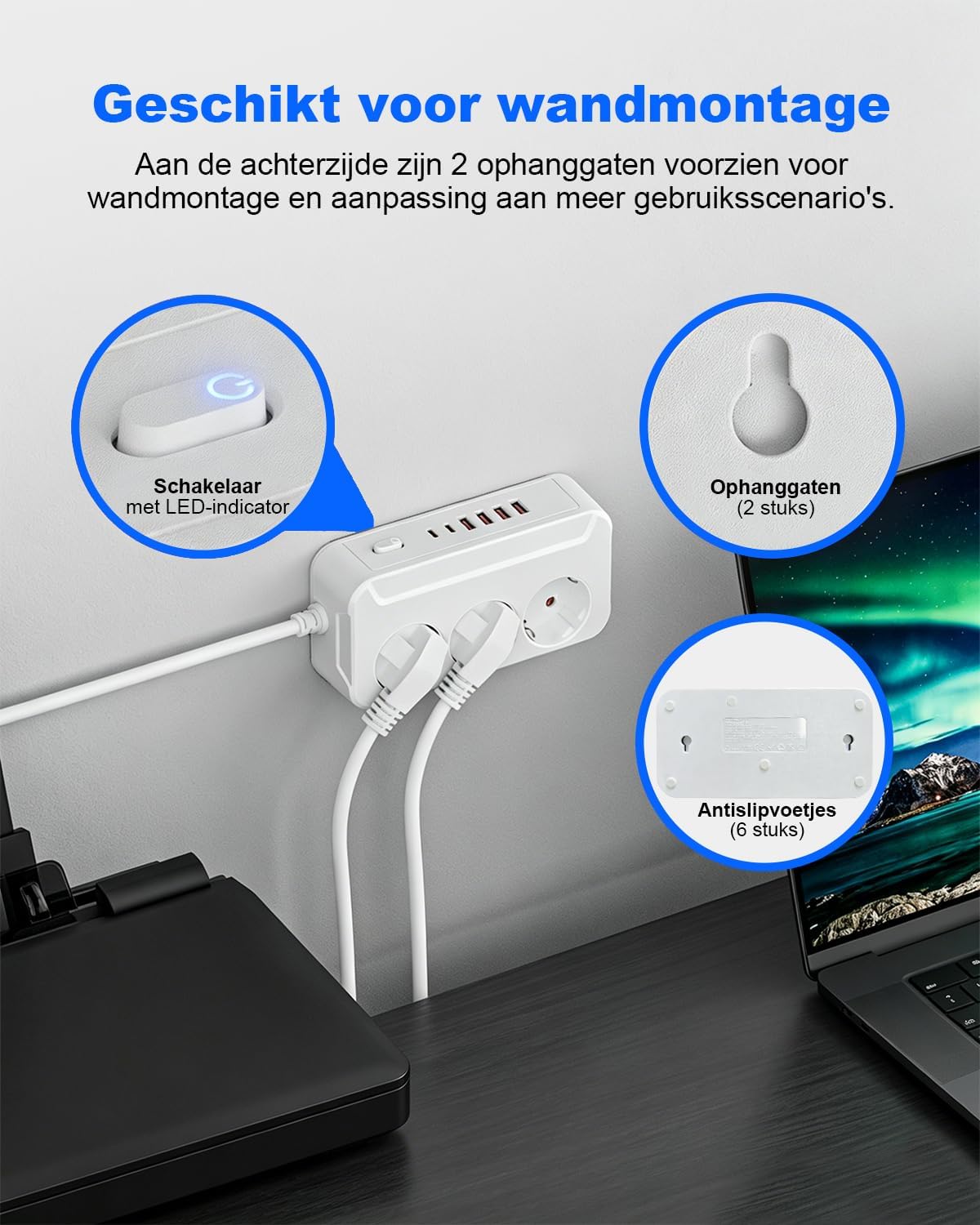 Detalle 1 de Jonurphy USB-C stekkerdoos met 3 stopcontacten, 6 USB-poorten en 1,8 m kabel