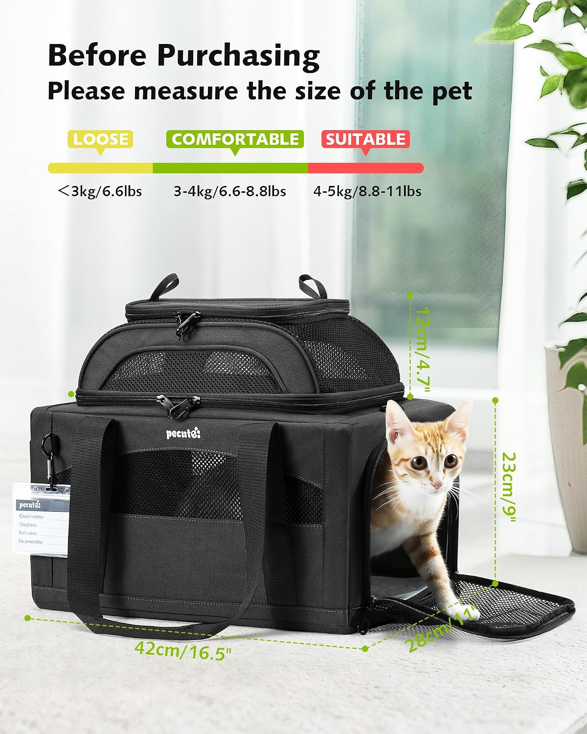 Thumbnail 1 de Pecute Airline Approved Top Expandable Cat Carrier (Dark Grey) with Breathable Mesh Windows