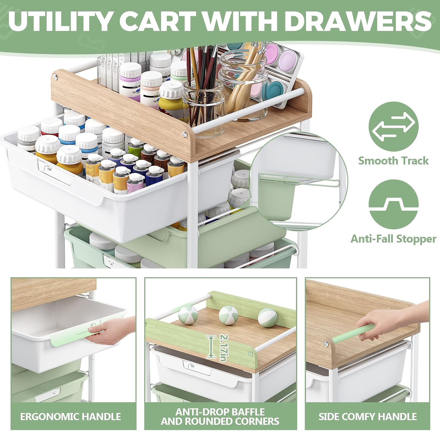 Detalle 2 de SYKIARIOL 1431+1233+1432 5-Drawer Rolling Craft Cart, Green