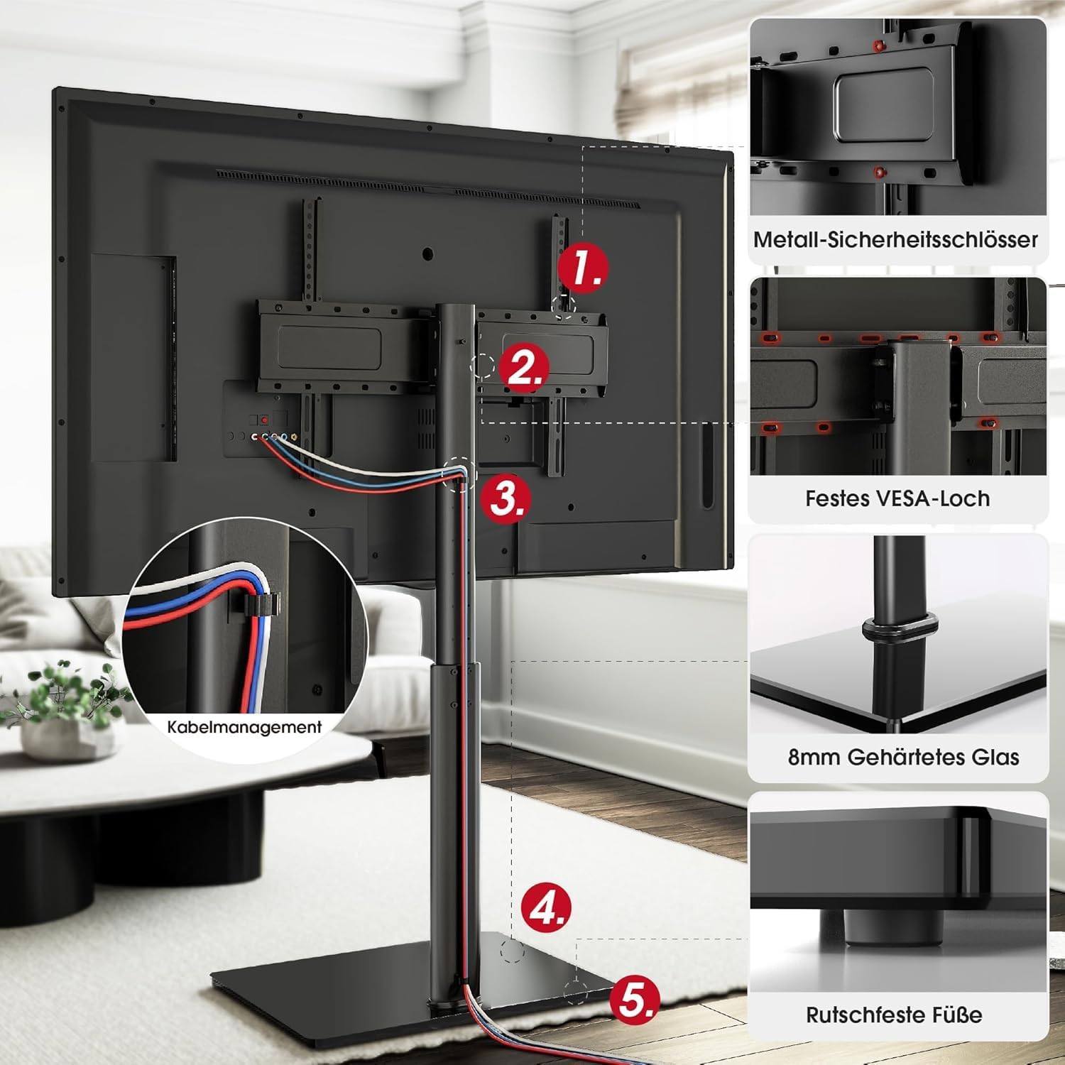 Detalle de AOKCOS TV Ständer Bodenständer – Höhenverstellbar 1,6 m, Neig- und Schwenkbar, VESA 600x400, max 50 kg