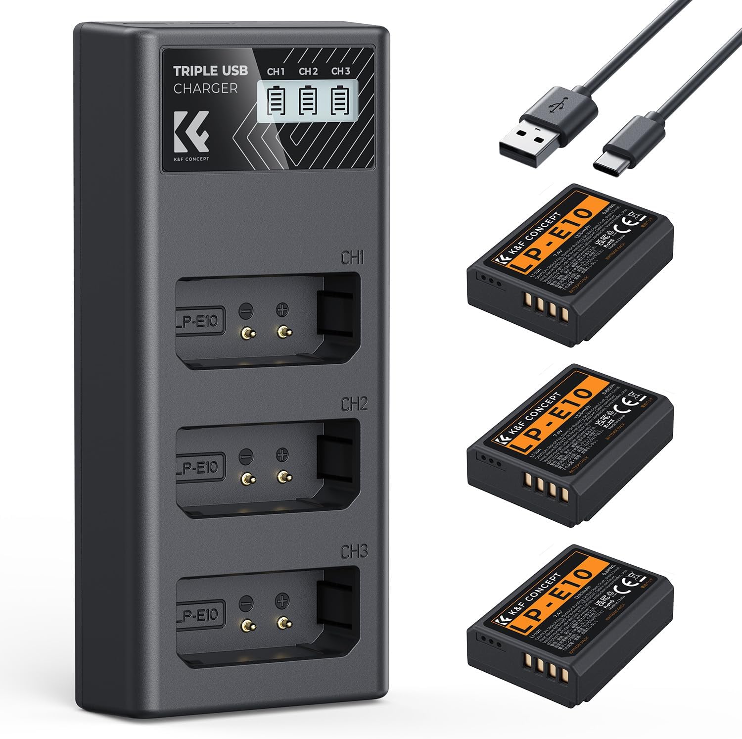 Detalle de K&F CONCEPT LP-E10 Akku 3er-Pack mit LCD-Ladegerät – kompatibel mit Canon EOS Modellen