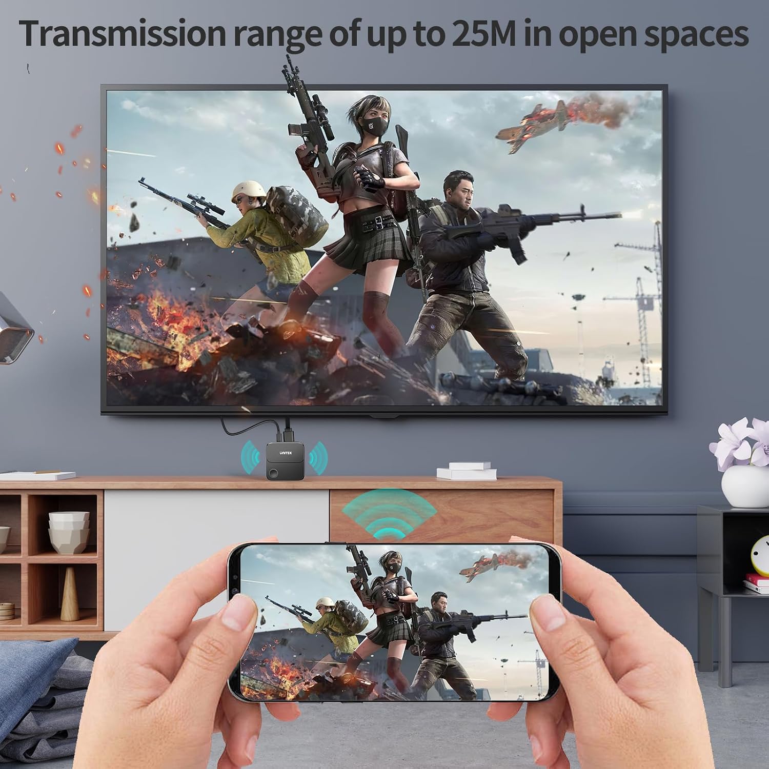Detalle 2 de UNITEK Adaptateur dongle d’affichage HDMI sans fil 4K double bande 2,4/5 GHz (récepteur TV pour mirroring)